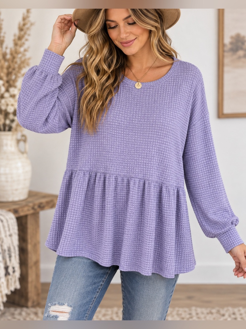 Knox Rose Waffle Knit Hazel Lilac Long Sleeve Shirt